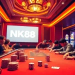 Exciting poker game at NK88 casino with bright lights and stacked chips.