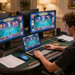 Engaging online gaming moment at LV88 with multiple screens displaying vibrant casino games.