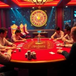 Players enjoying an exciting game at win55.com poker table amidst a luxurious casino ambiance.