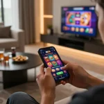 Player engaged with NK88 app on smartphone in cozy home setting, showcasing interactive online gaming.