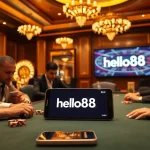Intense poker game featuring players with hello88 bot branding and vibrant casino setting.