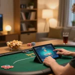 ATQ ax88 player enjoying online poker game on tablet in cozy home setting