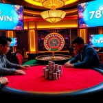 Players enjoying poker at a 78WIN casino, surrounded by excitement and luxury.
