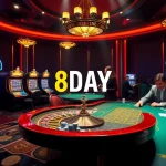Experience the thrill of winning at 8DAY's luxurious casino, featuring roulette and vibrant slot machines.