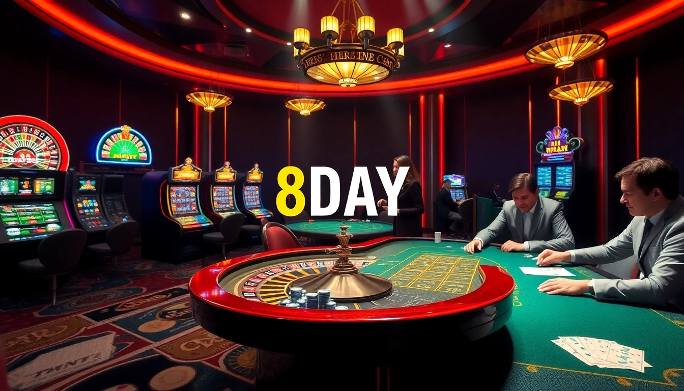 Experience the thrill of winning at 8DAY's luxurious casino, featuring roulette and vibrant slot machines.