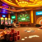 Engage in high-stakes gambling at Jun88's luxurious casino tables with vibrant slot machines.