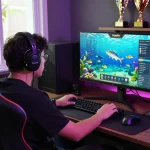 Engaged player enjoying Fun79 fishing game on a vibrant gaming setup with real-time statistics.