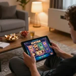 Engaging in mobile gaming at home with hay88x casino app on display during an exciting betting session.