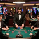 five88 players concentrating intently at a high-stakes blackjack table with vibrant atmosphere