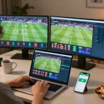 Socolive user engaged in live sports betting on laptop, modern home setting
