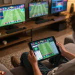 Kèo nhà cái displayed on mobile, person placing sports bets in a cozy home gaming setup