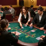 Experience the excitement of blackjack at uu88 com, with players strategizing at the table in a lively casino.