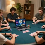Bong88 online poker gameplay on a laptop with engaged players and strategy displayed.