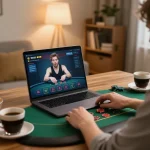 Player engaging with qh88go online poker game, showcasing interaction with betting interface in a cozy home setting