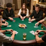 Players engaging in a focused poker game at home during an iwin club game night with lively competition.
