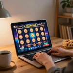 Engaging in online slot games at home with G28 casino interface visible on the laptop screen