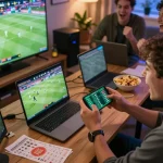 Excited players betting on f8betz during live sports events with smartphones and snacks.