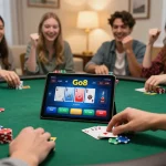 Players strategizing over online poker games at Go8 platform in cozy home setting.