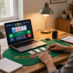 Person engaging with live blackjack on vin88, capturing an exciting online gaming moment in a cozy home setting