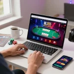 Playing at BL555 online casino with vibrant interface on laptop and strategic gaming notes.