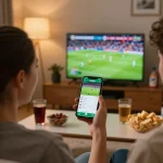 Cakhiatv app in use by a fan watching live football, showcasing a lively sports atmosphere.
