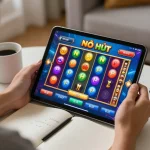 Nổ hũ gameplay on a tablet in a cozy setting, highlighting online slot strategies.