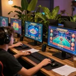 Person strategizing online gaming at home with go8, colorful screens and warm ambiance create an engaging atmosphere.