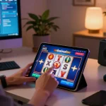 Player enjoying the gamebainohu app, engaging with slot games at home, featuring modern gaming setup and ambient lighting