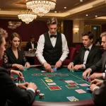 rik88 players placing bets at a posh baccarat table in a luxurious casino atmosphere