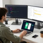 A developer using molt bot in a modern office workspace with multiple screens and chat notifications.