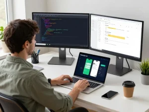 A developer using molt bot in a modern office workspace with multiple screens and chat notifications.