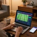 Bongdallu user engaging in sports betting from home with laptop and smartphone, showcasing responsible gambling