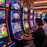 Players celebrating wins on vibrant slot machines at a casino in Slot Malaysia.