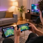 Pucuk138 online sports betting setup with a player engaging in mobile gambling from a cozy living room.