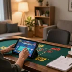 Person enjoying online gambling at 88clbgo with tablet and strategic notes in cozy setting.
