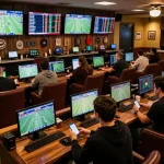 Engaged bettors analyzing keobongda odds in a vibrant sports betting lounge.