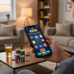 Player engaging with the KK55 app for online gaming in a cozy living room ambiance.