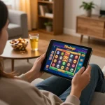 Player enjoying the 78wingo casino app on a tablet in a cozy living room setting.