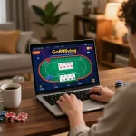 Engaging in online poker at Go89living with vibrant game interface and cozy home setup.