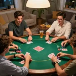 Players enjoying an exciting home poker night with the sun win theme, showcasing engaged gameplay and friendly competition.