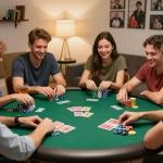 In an engaging poker night, friends strategize and celebrate with 789Club-themed gameplay and colorful poker chips.
