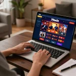 Player exploring 79win's casino games on a laptop in a cozy home setup, showcasing strategic gaming.