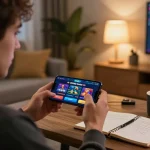 Player enjoying tic88 online casino gaming on a smartphone in a cozy home setting