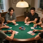 Friends engaged in a friendly game of poker, focusing on soi kèo nhà cái strategies and bets.