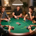 xin88 players enjoying a friendly poker game at home, showcasing strategic betting and fun.