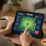 Person enjoying Tài Xỉu gaming on taixiuonline8 app, surrounded by strategy notes and snacks for a relaxed gaming experience.