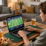 Person engaging in strategic sports betting at home using nhandinhkeonhacai platform on laptop.