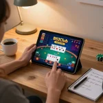B52Club player engaging in online poker strategy at home, showcasing a cozy and inviting atmosphere.