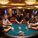 Players engaged in a strategic poker game at the gamebaidoithuong8 casino, vibrant casino lighting creating an exciting atmosphere