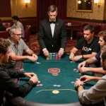 Players engaged in an exciting poker game showcasing strategic moves at a casino with lsa branding.